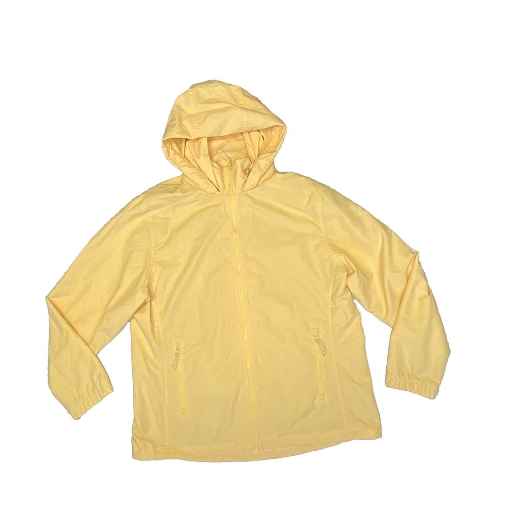 Lands End Rain Coat Womens Large 14-16 Yellow Hooded Mesh Lined Packable Jacket